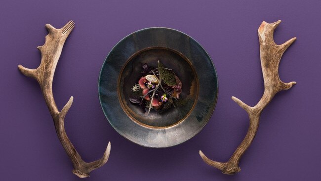 Seared fallow deer and roast thistle root with a hedgerow and blackberry vinaigrette, and forest weeds. Picture: Jesse Hunniford/MONA