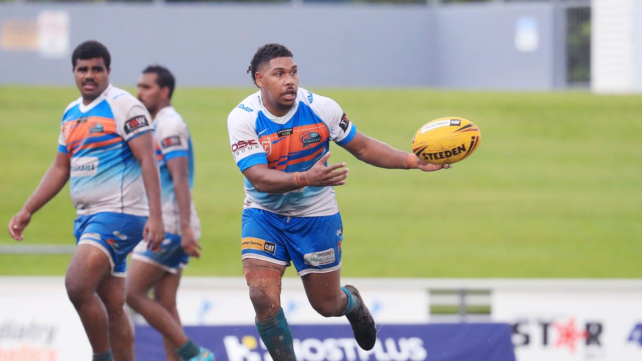 Sterling Addo-Nona offloads in the Hastings Deering Colts Queensland Cup match between the Northern Pride and the Redcliffe Dolphins, held at Barlow Park. Picture: Brendan Radke