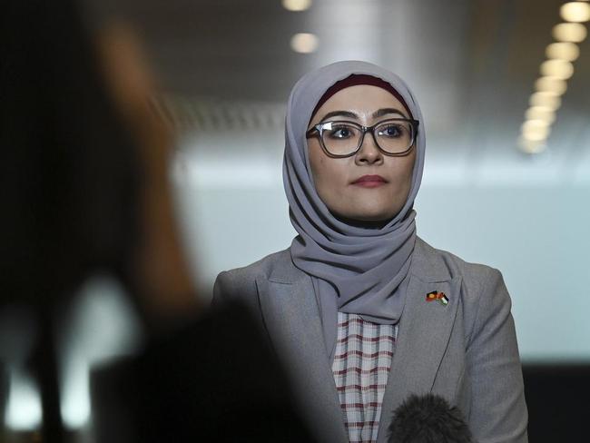 Senator Fatima Payman holds a press conference after crossing the floor to support the Greens' motion to have the Senate recognise Palestine as a state. Picture: NewsWire / Martin Ollman