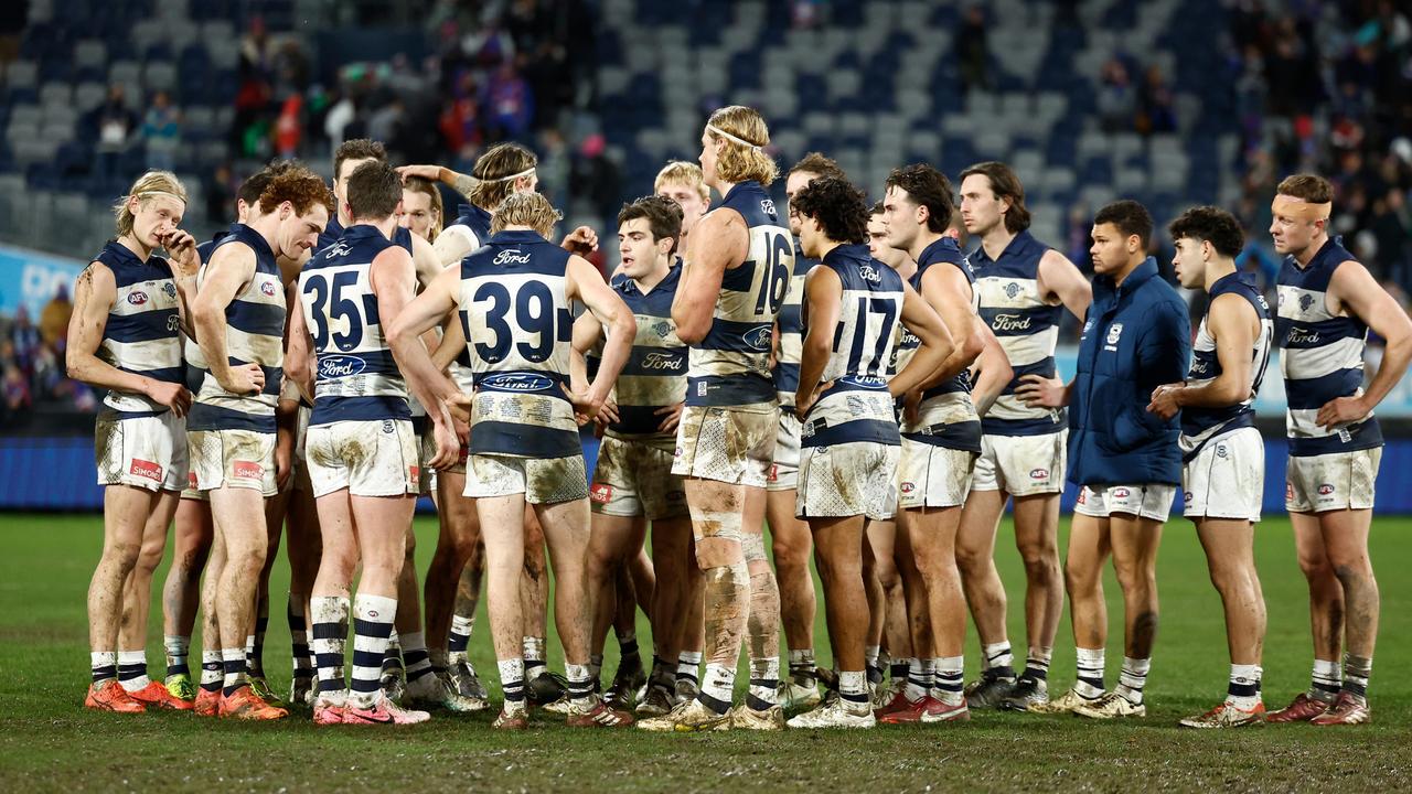 Geelong captain Patrick Dangerfield address his teammates after the 47-point loss to the Western Bulldogs. Picture: Michael Willson/AFL Photos via Getty Images.