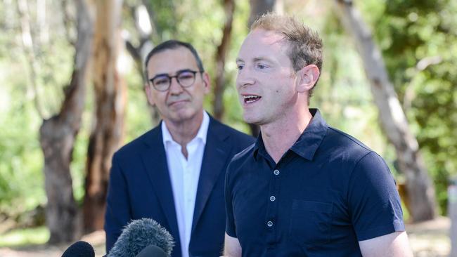 The former premier Steven Marshall watches the-then environment minister David Speirs at a press conference in February. Picture: Brenton Edwards