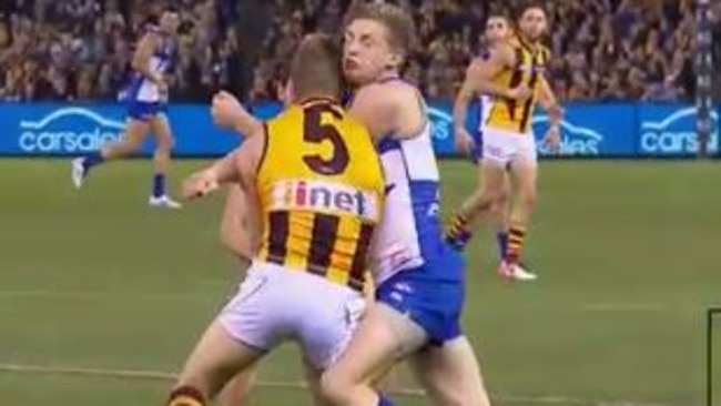 North Melbourne’s Jack Ziebell’s high bump on Sam Mitchell will be scrutinised by the Match Review Panel. Picture: Channel 7