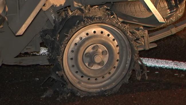 Bradley Crane-Vincent continued to drive the stolen ute on rims, sending sparks flying, after police successfully spiked the car. Picture 7NEWS