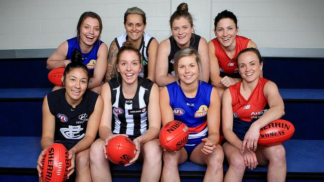 Eight of the AFLW’s marquee signings together ahead of the inaugural women’s league. Picture: Wayne Ludbey