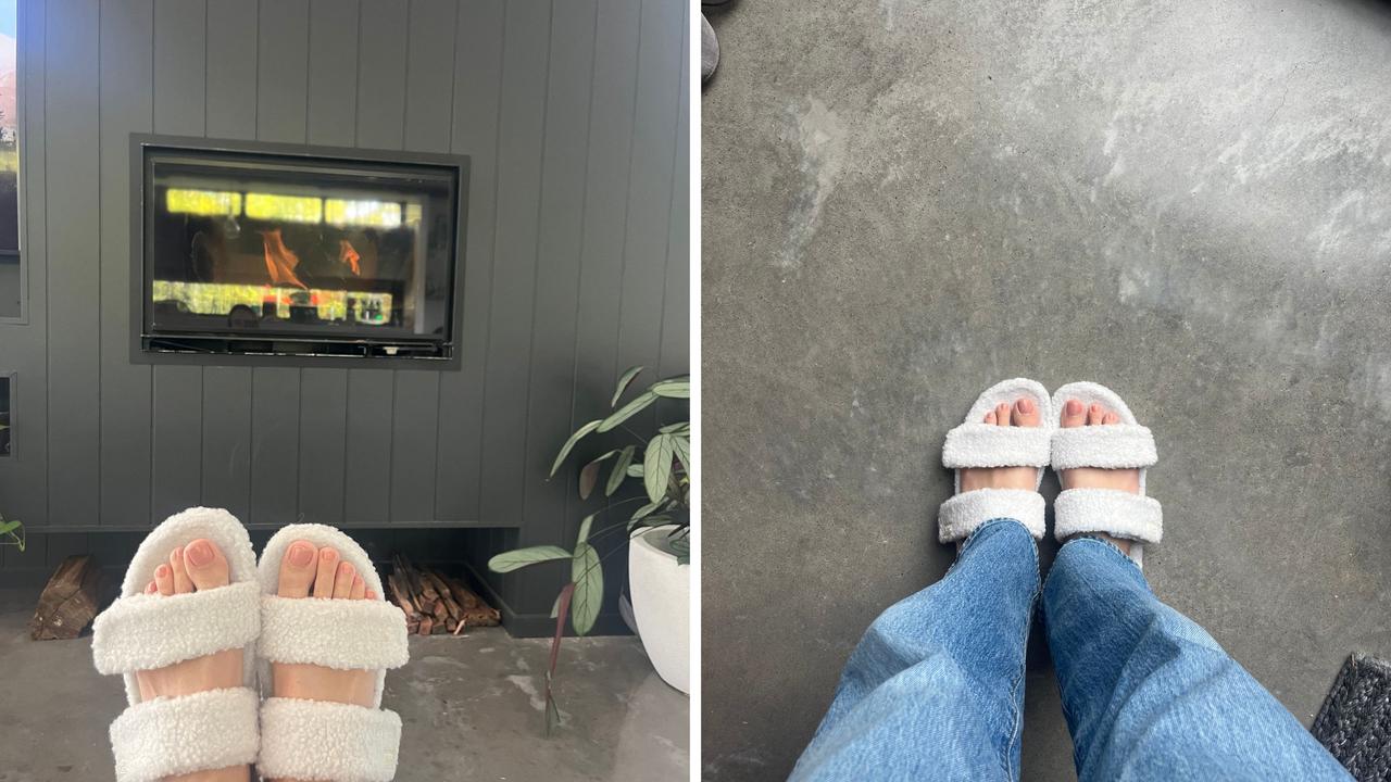 The Oodie Two Strap Sherpa Slide in White are cosy both indoors and out. Picture: Jessica Smith