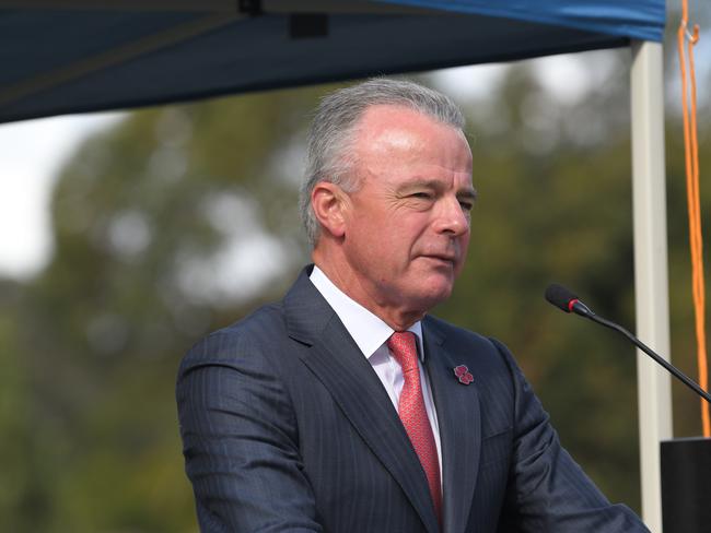 Australian War Memorial director Dr Brendan Nelson delivers the commemorative address at the service this morning. Picture: Simon Bullard