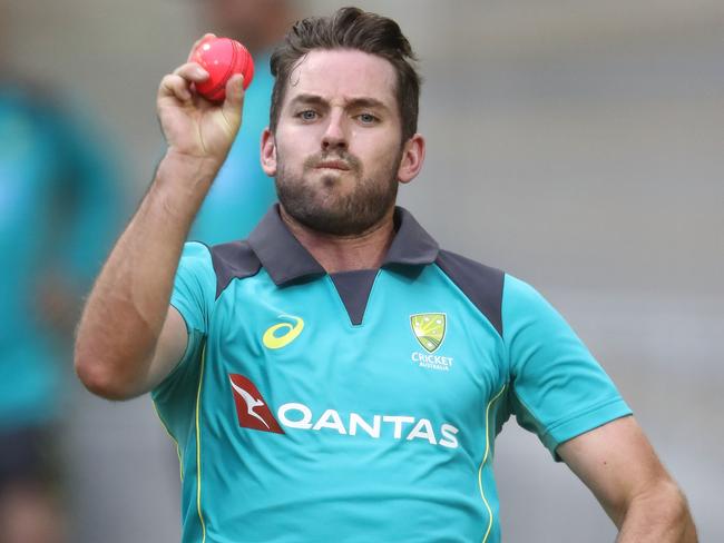 Chadd Sayers storms in during a nets session at Adelaide Oval.