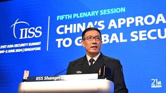 China's Defence Minister Dong Jun speaks during the 21st Shangri-La Dialogue summit at the Shangri-La Hotel. Picture: AFP