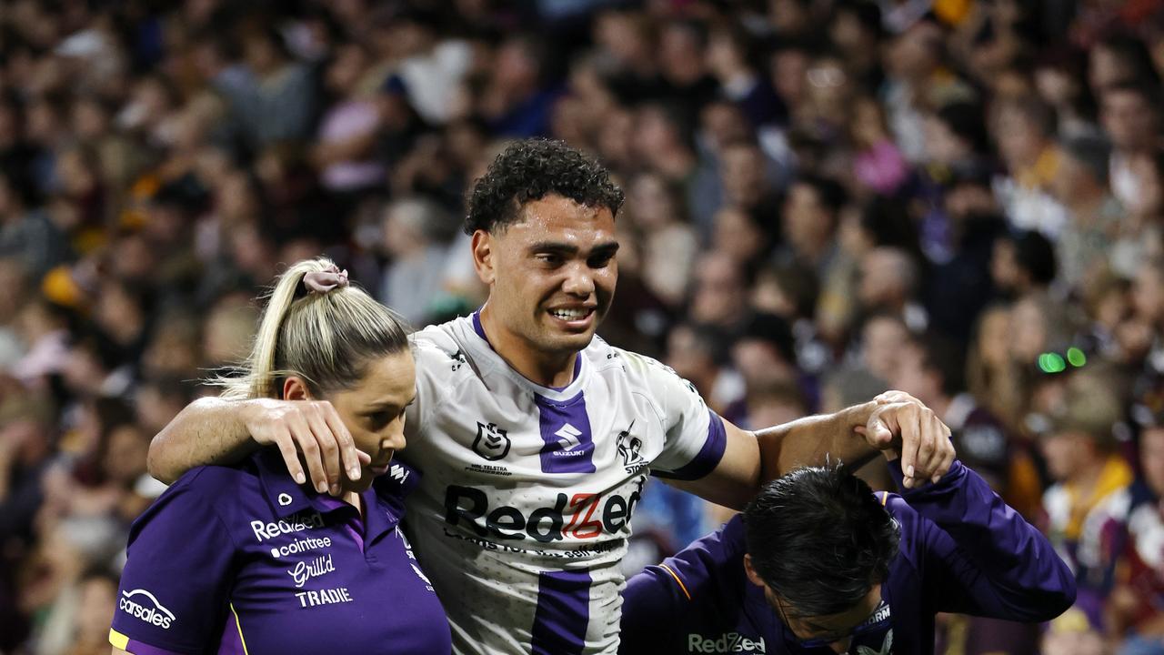 Xavier Coates was also forced off the field with a suspected ankle injury just minutes before Papenhuyzen. Picture: NRL Imagery.