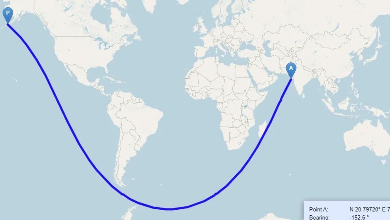 Niesamowita, wielkoskalowa mapa z „prostym” szlakiem żeglugowym z Indii do Stanów Zjednoczonych