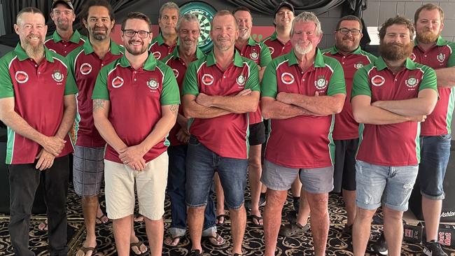 Airlie Beach Darts Club 2021 members (from left): Jamie Woods, Andy Peel, Seumas Rose, Jamie Maher, Joe Wilson, Rooster Coutts, Garry Robbie, Gene Birse, Aaron Paull, Dick O’Hara, Jason Rockstroh, Nathan O’Hara and Ross Gallichan. Picture: Contributed