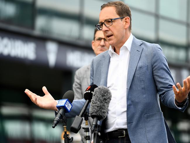 MELBOURNE, AUSTRALIA - FEBRUARY 23: Victorian Minister for Tourism, Sport and Major Events, Steve Dimopoulos speaks to the media during a 2024 Formula 1 Australian Grand Prix Preview at Albert Park Grand Prix Circuit on February 23, 2024 in Melbourne, Australia. (Photo by Josh Chadwick/Getty Images for AGPC)