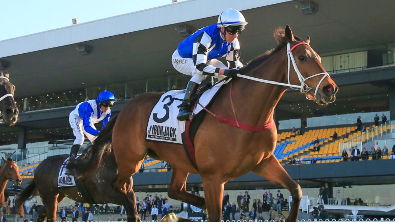 SYDNEY, AUSTRALIA - AUGUST 29: Kerrin McEvoy on Mugatoo (blue/white/black) wins race 8 the Iron Jack Premiers Cup during Sydney Racing at Rosehill Gardens on August 29, 2020 in Sydney, Australia. (Photo by Mark Evans/Getty Images)