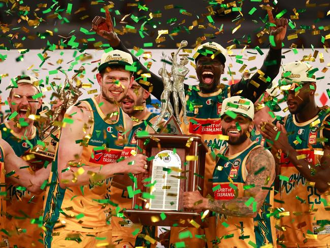 JackJumpers celebrate with the trophy during game five of the NBL Championship Grand Final Series at John Cain Arena on March 31, 2024 in Melbourne, Australia. (Photo by Kelly Defina/Getty Images)