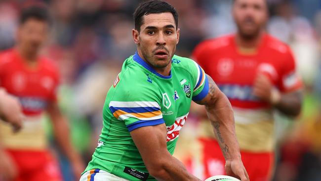 WAGGA WAGGA, AUSTRALIA - APRIL 29: Jamal Fogarty of the Raiders in action during the round nine NRL match between the Canberra Raiders and Dolphins at McDonalds Park on April 29, 2023 in Wagga Wagga, Australia. (Photo by Mark Nolan/Getty Images)