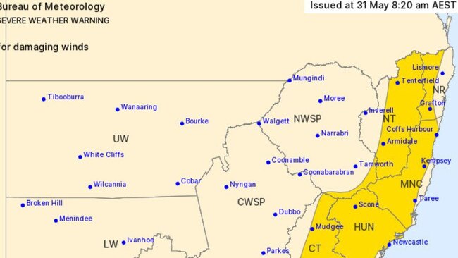 A severe weather warning is in place for much of the NSW North Coast. Issued by the Bureau of Meteorology at 8.20am on May 31, 2022.