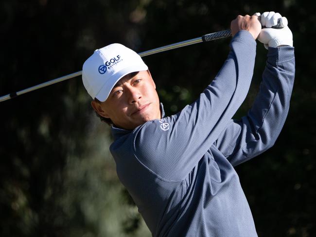 Jeff Guan of Australia plays a tee stroke during a practice round ahead of the 2023 Asia-Pacific Amateur Championship being played at the Royal Melbourne Golf Club in Melbourne, Australia on Wednesday, October 25, 2023. Photograph by AAC.