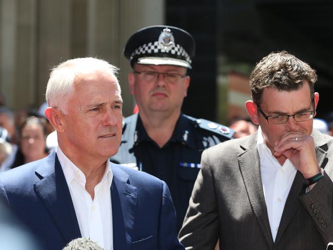 Prime Minister Malcolm Turnbull, Victoria Police Chief Commissioner Graham Ashton and Premier Daniel Andrews hold a press conference. Picture: David Crosling