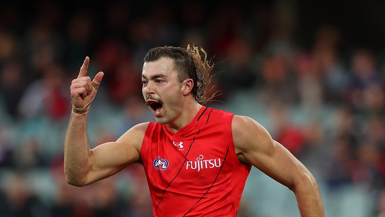 ADELAIDE, AUSTRALIA - APRIL 15: Sam Draper of the Bombers celebrates a goal during the round five AFL match between Essendon Bombers and Melbourne Demons at Adelaide Oval, on April 15, 2023, in Adelaide, Australia. (Photo by Paul Kane/Getty Images)