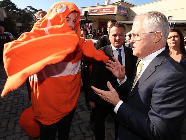 Malcolm Turnbull was confronted by a climate change protestor dressed as Nemo. Picture: Pic Lyndon Mechielsen