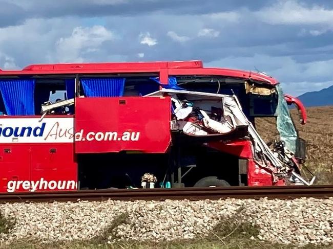 Photos posted on social media from the scene of a horror Greyhound bus crash on the Bruce Highway between Bowen and Townsville.  Picture: Supplied