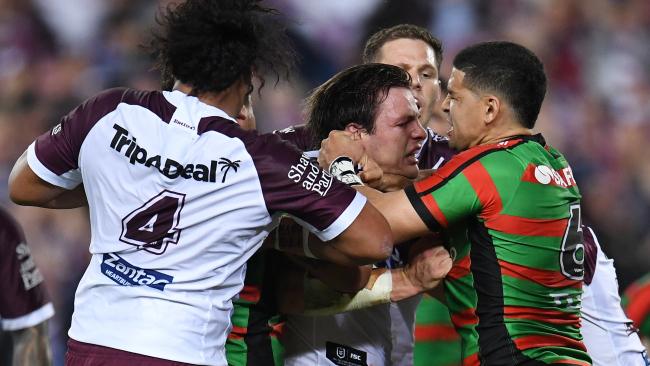 Jack Gosiewski and Cody Walker were caught up in a minor scuffle. Picture: Dean Lewins