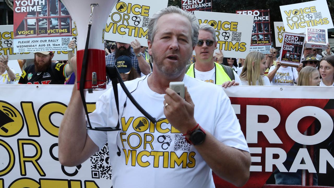 Voice for Victims march on Parliament House, Brisbane. Ben Cannon addresses the crowd. Picture: Liam Kidston