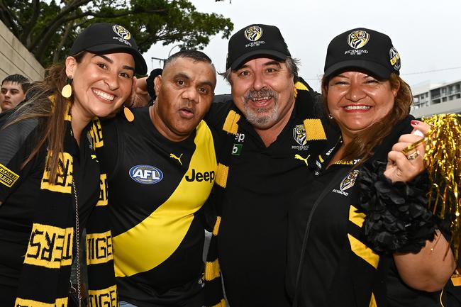 BRISBANE, AUSTRALIA - OCTOBER 24: Fans show their support outside the Gabba during the 2020 AFL Grand Final match between the Richmond Tigers and the Geelong Cats at The Gabba on October 24, 2020 in Brisbane, Australia. (Photo by Quinn Rooney/Getty Images)