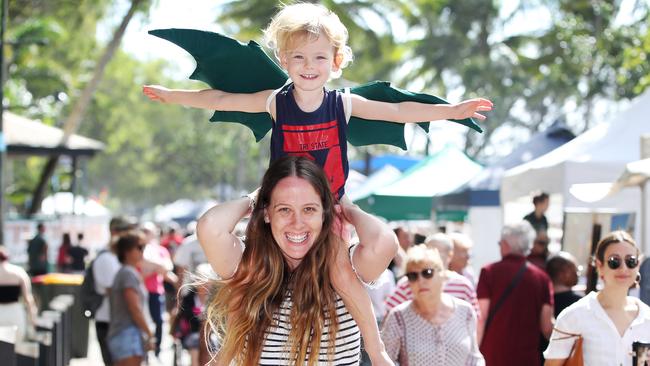 Sarah Fallon of Kewarra Beach bought her son Cruz Fallon a pair of dragon wings at Palm Cove markets. PICTURE: BRENDAN RADKE