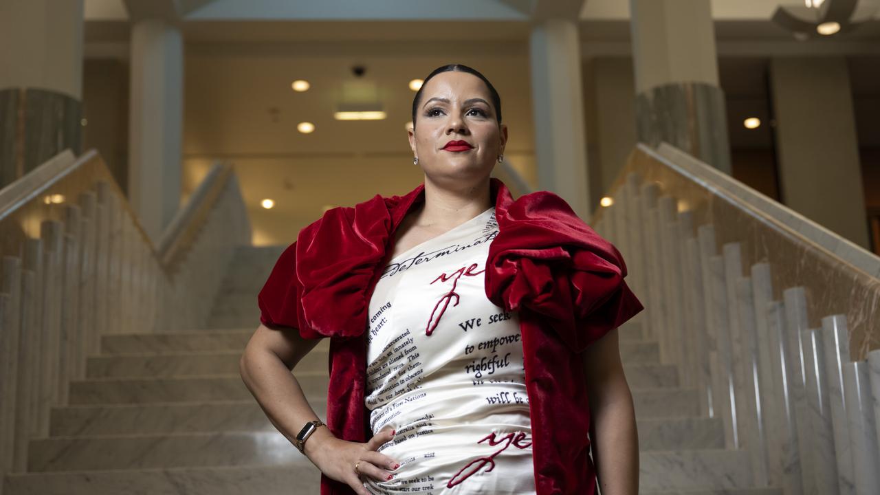 Jana Stewart wore a gown embroidered with the Uluru Statement from the Heart. Picture: NCA NewsWire / Martin Ollman