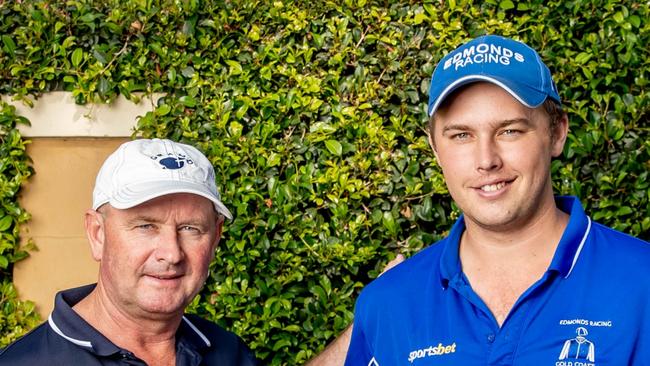 TO BE HELD FOR THE GOLD COAST BULLETIN'S MAGIC MILLIONS LIFTOUT ON SATURDAY. Father and son team Toby and Trent Edmonds at their stables on the Gold Coast ahead of Magic Millions race day. Picture by Luke Marsden.