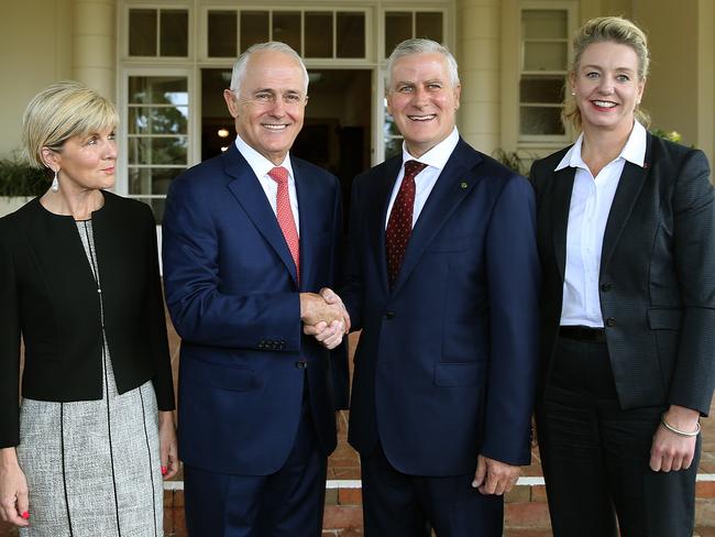 Deputy Liberals leader Julie Bishop and PM Malcolm Turnbull welcome Deputy Prime Minister Michael McCormack with Nats deputy Bridget McKenzie. Picture: Kym Smith