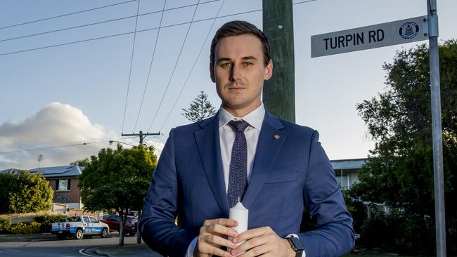 Queensland State Member for Bonney Sam O'Connor under street sign Turprin Rd in Labrador. Picture: Jerad Williams