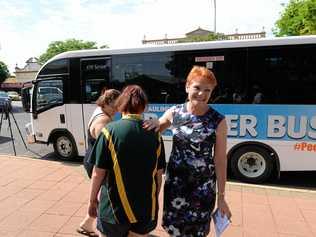 Pauline Hanson arrived in Childers on the Battler Bus to campaign with Burnett candidate Ashley Lynch and talk to the people. Picture: Craig Warhurst