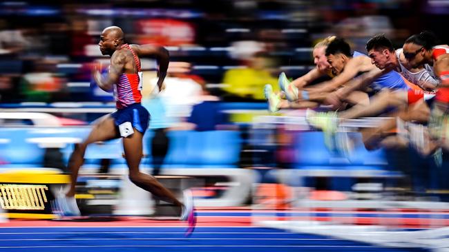 The USA’s Grant Holloway leads the field while competing in the men’s 60m hurdles semi-finals during the World Indoor Athletics Championships in Belgrade. He completed the run in 7.29 seconds, equalling his existing world record, and went on to win the final. Picture: Samuel Barnes