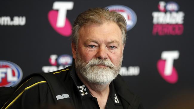 MELBOURNE, AUSTRALIA - OCTOBER 07: Neil Balme, Football Manager of the Tigers speaks with media during the Telstra AFL Trade Period at Marvel Stadium on October 07, 2019 in Melbourne, Australia. (Photo by Dylan Burns/AFL Photos via Getty Images)