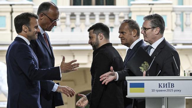 Coalition of the willing: Emmanuel Macron, Friedrich Merz, Volodymyr Zelensky, Donald Tusk and Keir Starmer. Picture: Genya Savilov/AFP