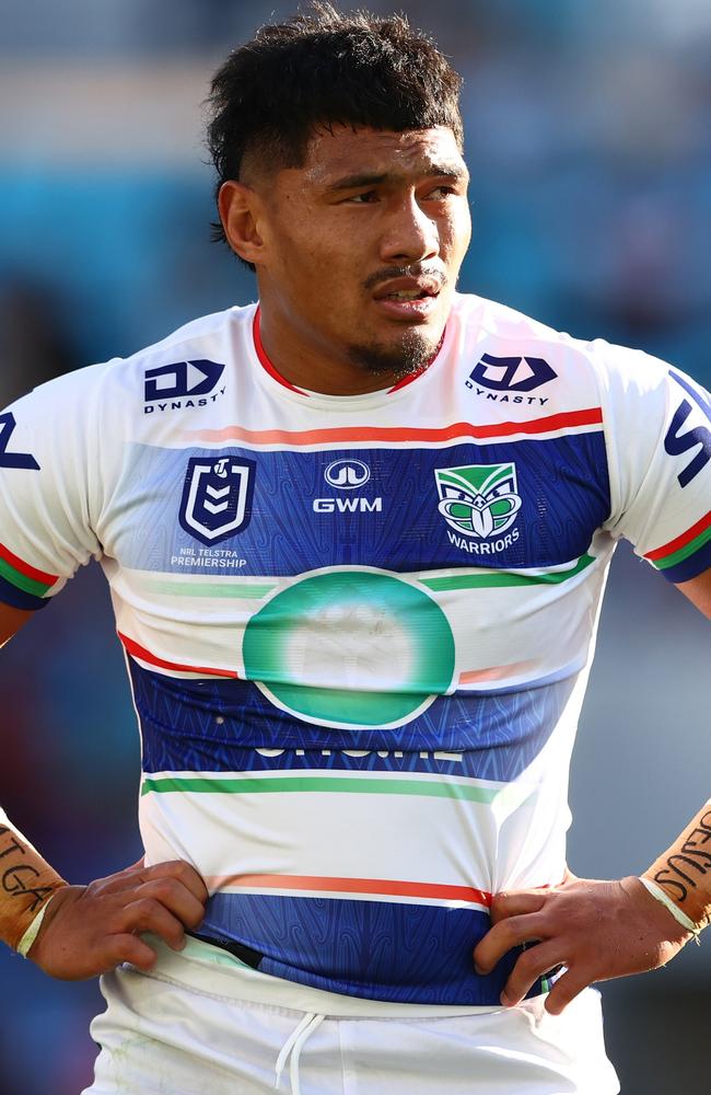 GOLD COAST, AUSTRALIA – JUNE 22: Edward Kosi of the Warriors looks on during the round 16 NRL match between Gold Coast Titans and New Zealand Warriors at Cbus Super Stadium, on June 22, 2024, in Gold Coast, Australia. (Photo by Chris Hyde/Getty Images)