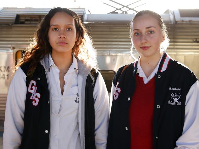 Gosford High School students Mahni and Stephanie Catley at Central Station. Picture: Jonathan Ng