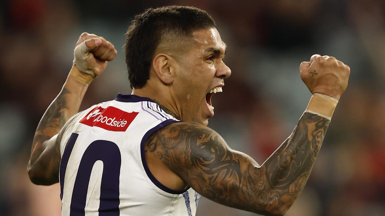 MELBOURNE, AUSTRALIA - MAY 28: Michael Walters of the Dockers celebrates a goal during the round 11 AFL match between the the Melbourne Demons and the Fremantle Dockers at Melbourne Cricket Ground on May 28, 2022 in Melbourne, Australia. (Photo by Darrian Traynor/Getty Images)