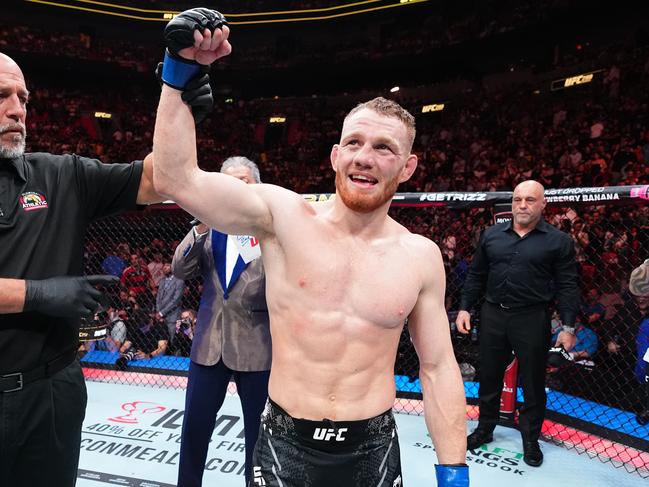 MIAMI, FLORIDA - MARCH 09: Jack Della Maddalena of Australia reacts after his TKO victory against Gilbert Burns of Brazil in a welterweight fight during the UFC 299 event at Kaseya Center on March 09, 2024 in Miami, Florida. (Photo by Chris Unger/Zuffa LLC via Getty Images)