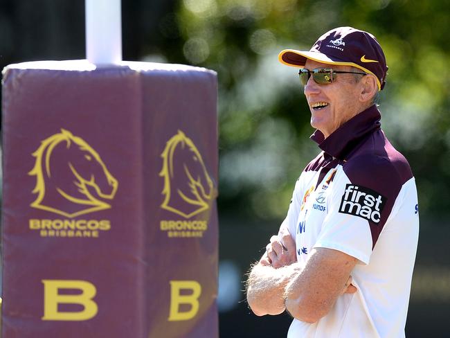 BRISBANE, AUSTRALIA - SEPTEMBER 09: Coach Wayne Bennett smiles as he watches on during a Brisbane Broncos NRL training session on September 9, 2015 in Brisbane, Australia.  (Photo by Bradley Kanaris/Getty Images)