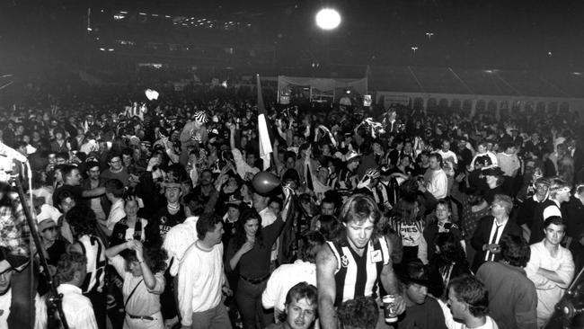 Collingwood fans party at Victoria Park after winning the 1990 premiership.