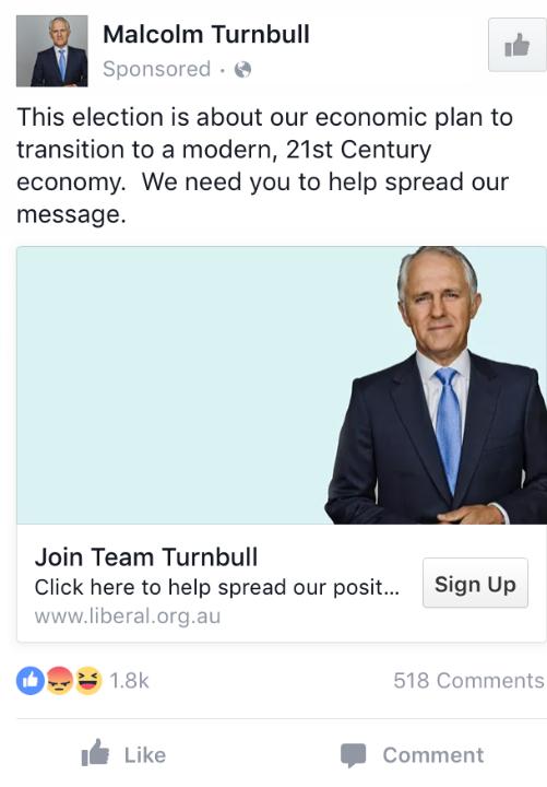 An ad Malcolm Turnbull has had placed on Facebook