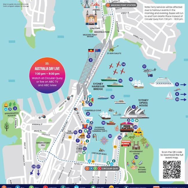Australia Day 2024 map for events in Sydney. Numbers correspond to list below.