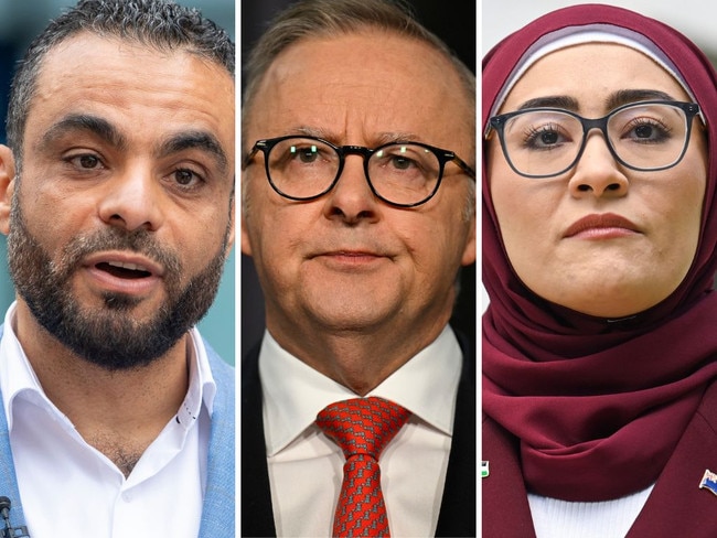 Blaxland independent candidate Ahmed Ouf, Anthony Albanese, and ex-Labor senator Fatima Payman.