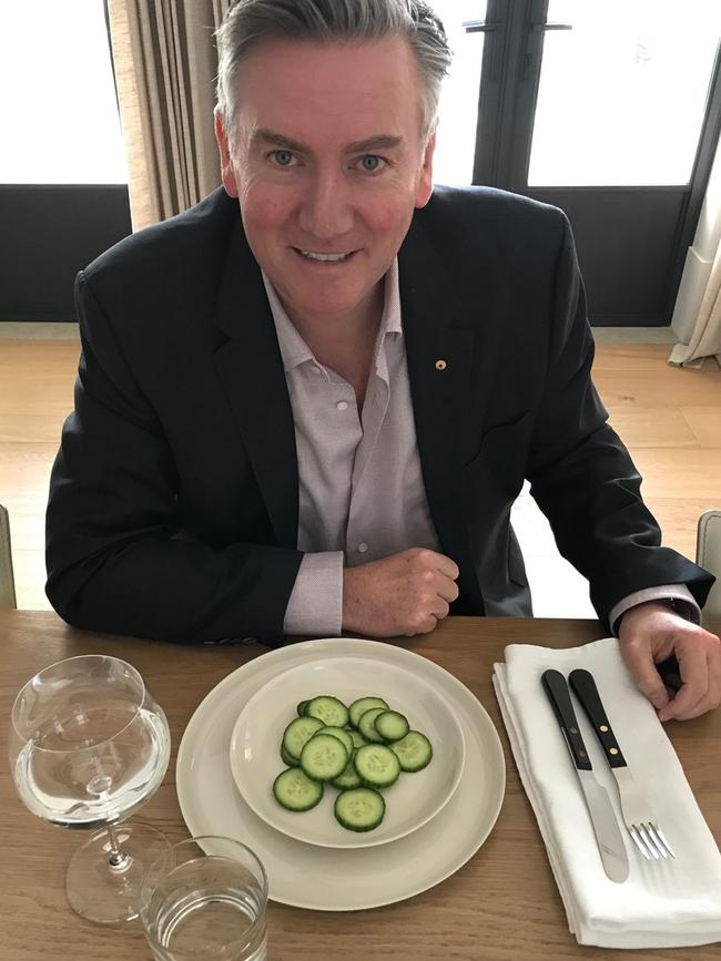 By week three of his diet program Eddie McGuire was allowed to eat half a cucumber each morning. Picture: Twitter