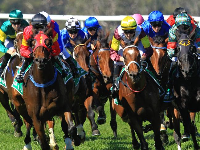 Loving home ridden by Tye Angland  (yellow cap, maroon with yellow armbands) wins race 1 during Scone  Races located in the Upper Hunter Region of NSW. The Bend . Pic Jenny Evans