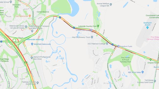 Traffic builds on Brisbane Rd through Coombabah and Arundel, Gold Coast.