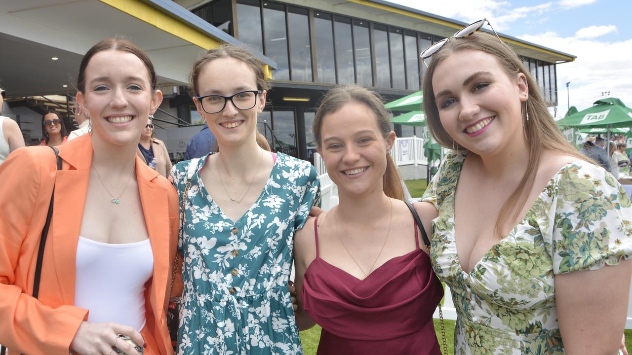 Mackenna Shearer, Laura Stewart, Marina Teske-Finlay and Tara Bidgood at the 2023 Audi Centre Toowoomba Weetwood race day at Clifford Park Racecourse.